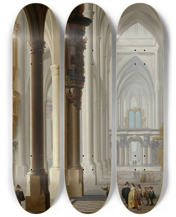 Triptych art skateboard deck of Dirck Van Delen Interior Of A Gothic Church by Dirck Van Delen (1604-1671)