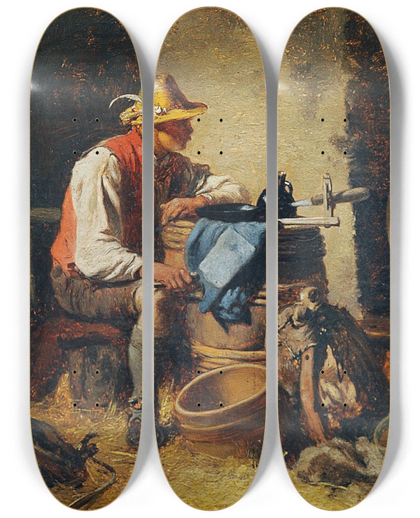 Triptych art skateboard deck of Hugo Kauffmann In Der Scheune by Hugo Kauffmann (1844-1915)