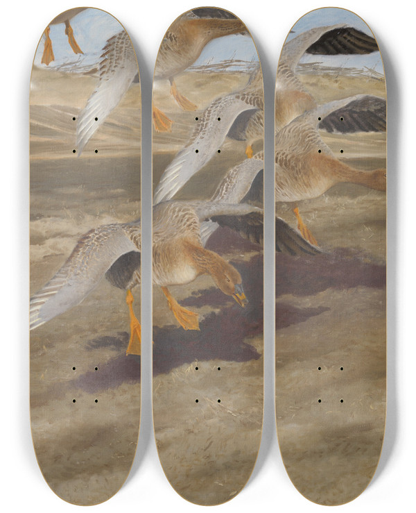 Triptych art skateboard deck of Bruno Liljefors Wild Geese by Bruno Liljefors (1860-1939)