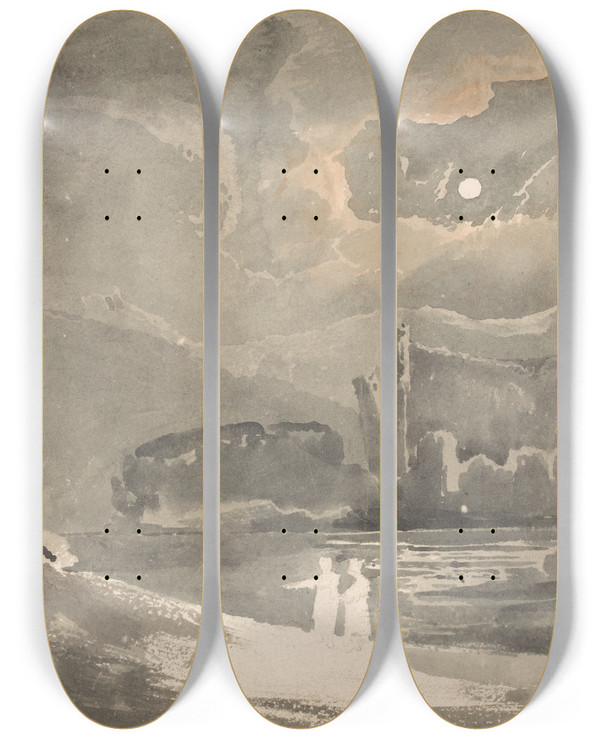 Triptych art skateboard deck of John Martin Moonlit Landscape With A Ruined Castle by John Martin (1789-1854)