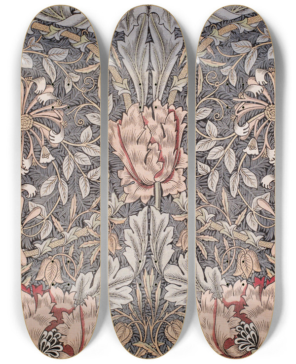 Triptych art skateboard deck of William Morris Honeysuckle_2 by William Morris (1834-1896)