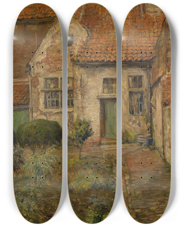 Triptych art skateboard deck of Ferdinand Willaert Beguinage by Ferdinand Willaert (1861-1939)
