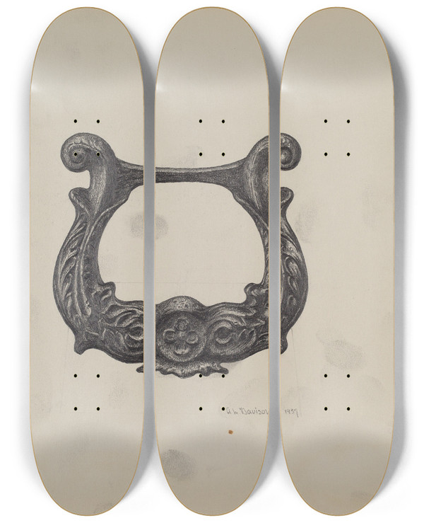 Triptych art skateboard deck of Austin L Davison Cast Iron Foot Scraper by Austin L Davison