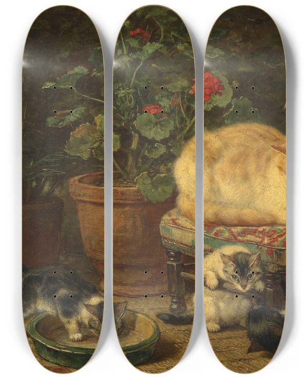 Triptych art skateboard deck of Henritte Ronnerknip Kittens At Play_2 by Henritte Ronner-Knip (1821-1909)