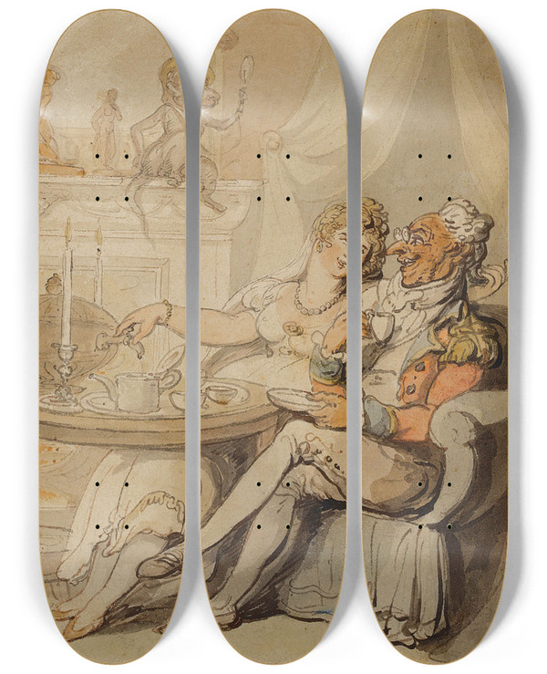 Triptych art skateboard deck of Thomas Rowlandson The Tea Party by Thomas Rowlandson (1756-1827)