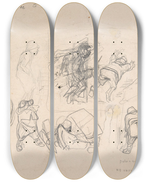 Triptych art skateboard deck of Flicien Rops Sheet With Various Peasants by Felicien Rops (1833-1898)