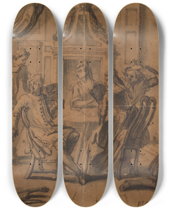 Triptych art skateboard deck of Francis Hayman The Card Party by Francis Hayman (1708-1776)