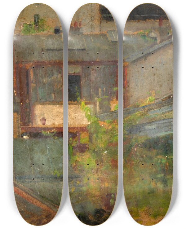 Triptych art skateboard deck of Alice Pike Barney Rooftops by Alice Pike Barney (1857-1931)