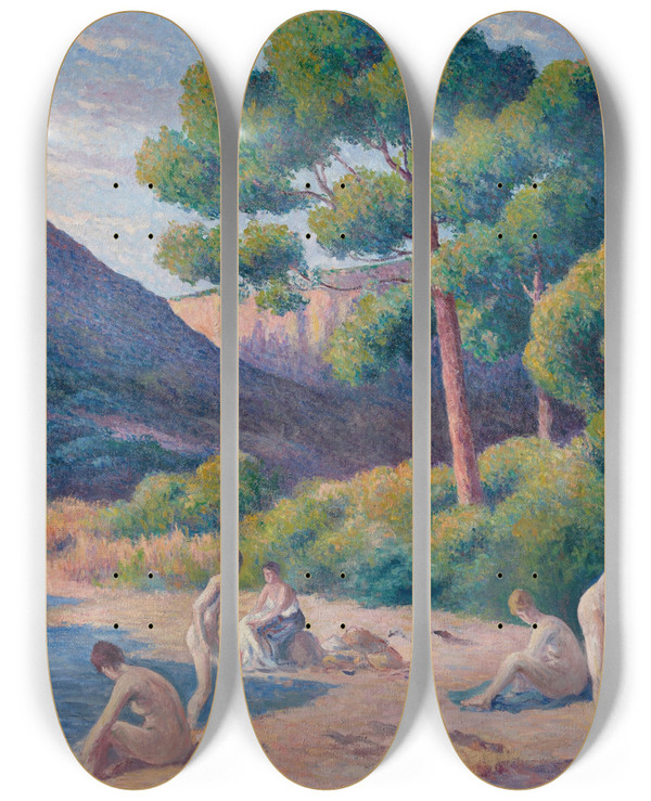 Triptych art skateboard deck of Maximilien Luce Baigneurs Sainttropez by Maximilien Luce (1858-1941)
