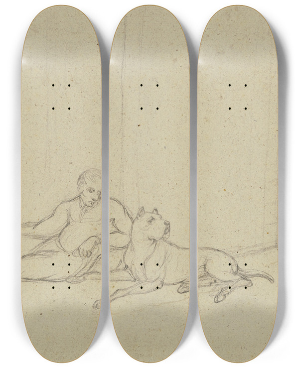 Triptych art skateboard deck of Franz Pforr Reclining Man With Mastiff by Franz Pforr (1788-1812)
