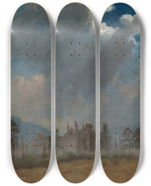 Triptych art skateboard deck of Albert Bierstadt Fir Trees And Storm Clouds by Albert Bierstadt (1830-1902)