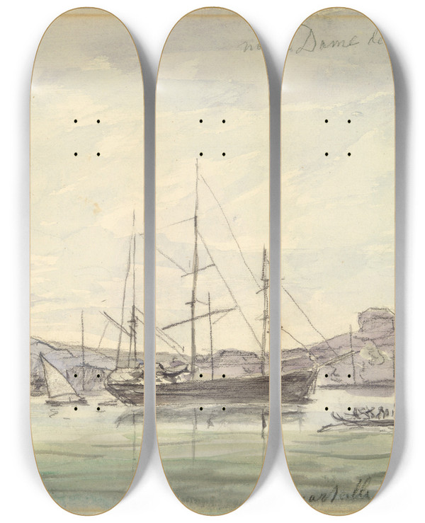 Triptych art skateboard deck of Johan Barthold Jongkind Harbor Scenemarseilles by Johan Barthold Jongkind (1819-1891)