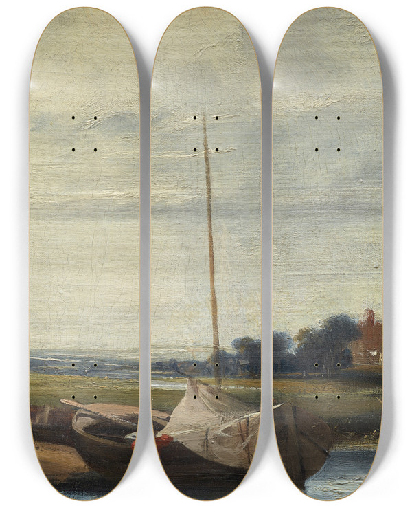 Triptych art skateboard deck of Richard Parkes Bonington A River In Normandy by Richard Parkes Bonington (1802-1828)