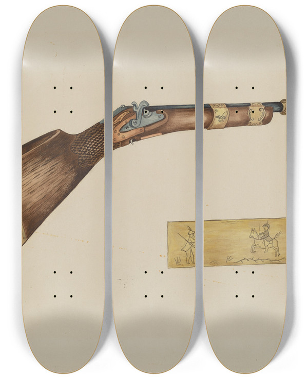 Triptych art skateboard deck of Jessie M Youngs Blunderbuss by Jessie M Youngs