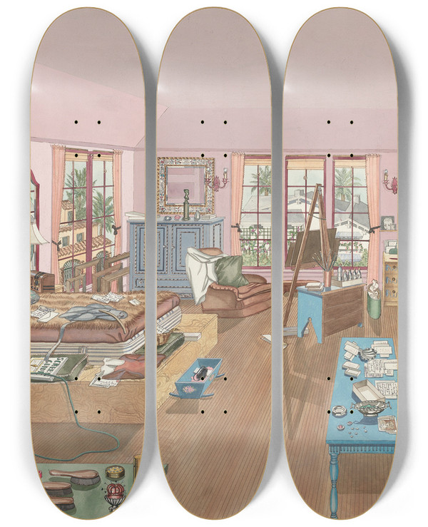 Triptych art skateboard deck of Perkins Harnly Bedroom 1940 by Perkins Harnly (1901-1986)