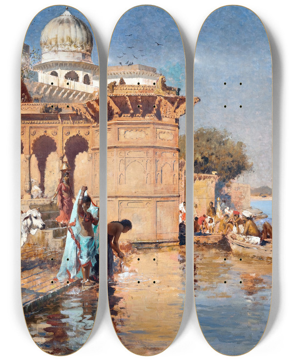 Triptych art skateboard deck of Edwin Lord Weeks Along The Ghats Mathura by Edwin Lord Weeks (1849-1903)