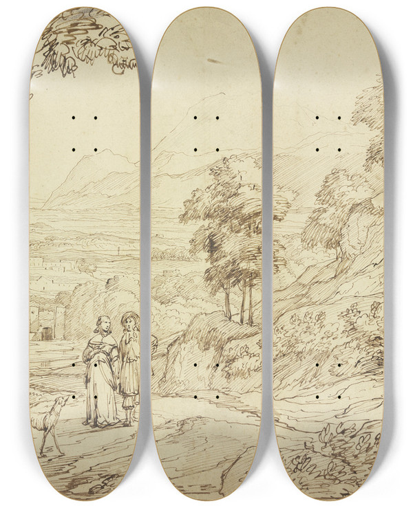 Triptych art skateboard deck of Jacob Esselens Landschaft Auf Dem Weg Ein Herr Und Eine Dame Mit Einem Windhund by Jacob Esselens (1626-1687)
