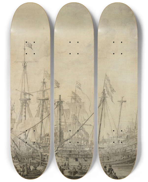 Triptych art skateboard deck of Willem Van De Velde The Elder Ships After The Battle by Willem van de Velde the Elder (1610-1693)