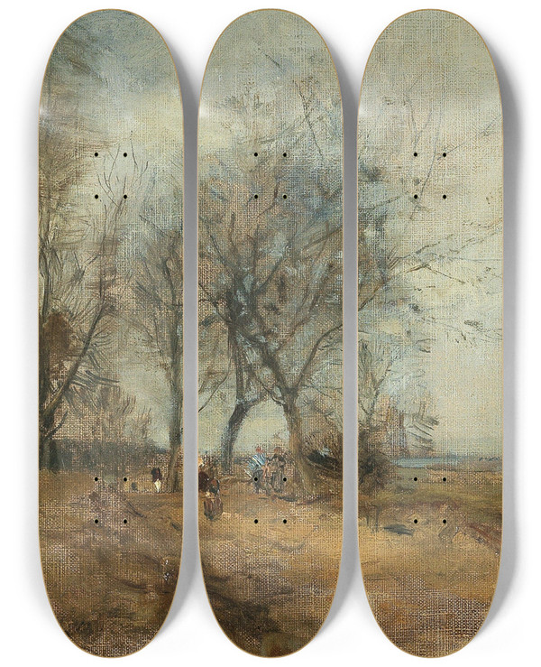 Triptych art skateboard deck of Emil Jakob Schindler Danube Meadows_2 by Emil Jakob Schindler (1842-1892)