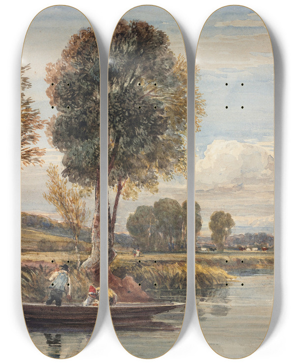 Triptych art skateboard deck of David Cox On The Thames by David Cox (1783-1859)