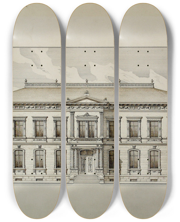 Triptych art skateboard deck of Carl Charles J Furst Design Studies Elevation Of A Villa Presentation Elevation by Carl (Charles) J. Furst (1840-1919)