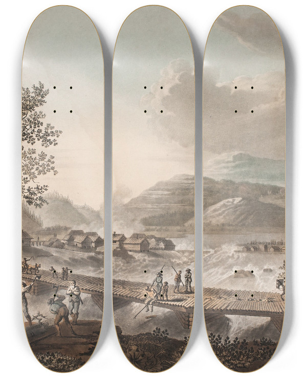 Triptych art skateboard deck of Georg Haas Vue Dune Partie De Hnefoss by Georg Haas (1756-1817)