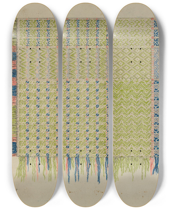Triptych art skateboard deck of Maud Schmid Handwoven Coverlet by Maud Schmid