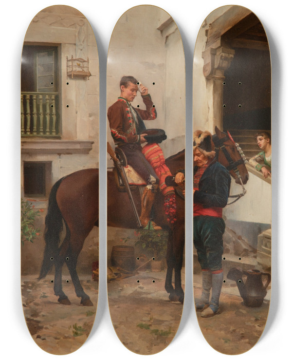 Triptych art skateboard deck of Jules Worms Arrival Of The Messenger by Jules Worms (1832-1924)
