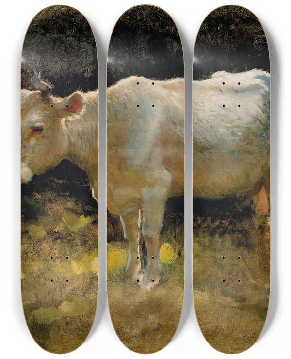 Triptych art skateboard deck of Joseph Farquharson Study Of A Cow In A Meadow by Joseph Farquharson (1846-1935)