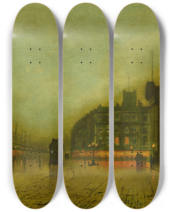 Triptych art skateboard deck of John Atkinson Grimshaw Liverpool Docks by John Atkinson Grimshaw (1836-1893)