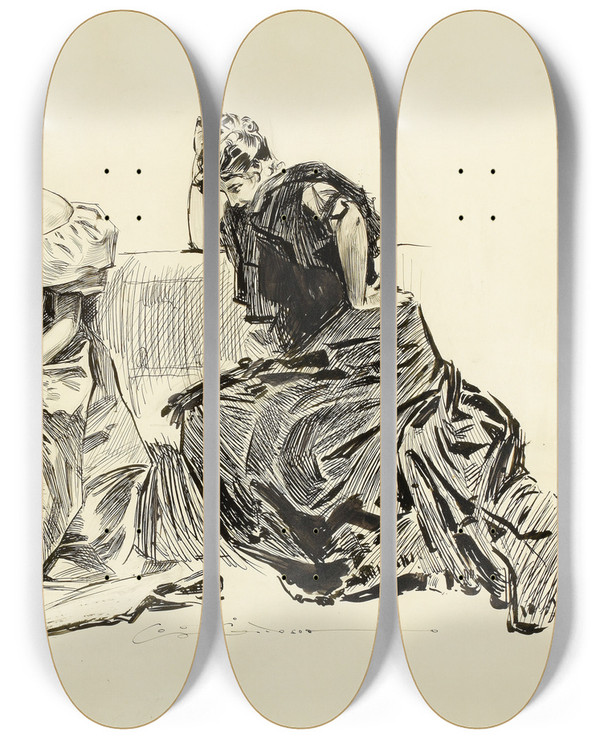 Triptych art skateboard deck of Charles Dana Gibson Determined Woman by Charles Dana Gibson (1867-1944)