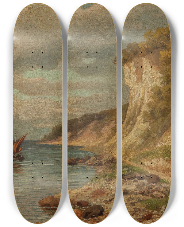 Triptych art skateboard deck of Berta Von Grab Chalk Cliffs On The Island Of Rgen by Berta Von Grab (1846-1907)