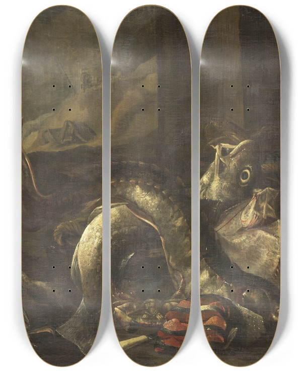 Triptych art skateboard deck of R Van Burgh Still Life With Fish by R Van Burgh (1658-1688)