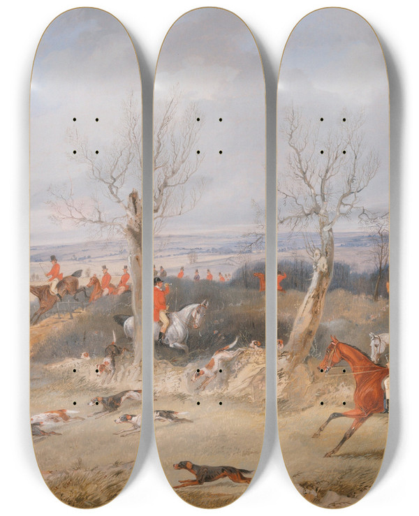 Triptych art skateboard deck of Henry Thomas Alken Hunting Scene In Full Cry by Henry Thomas Alken (1785-1851)