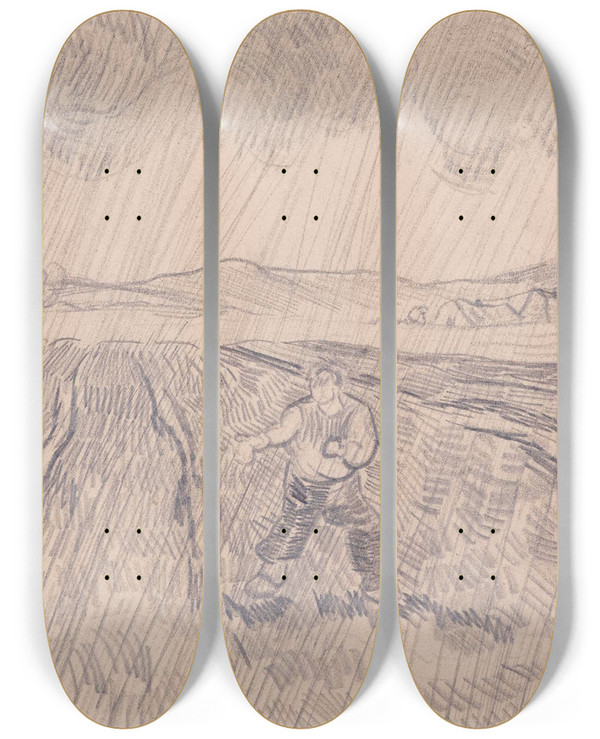 Triptych art skateboard deck of Vincent Van Gogh Enclosed Field With A Sower In The Rain by Vincent van Gogh (1853-1890)