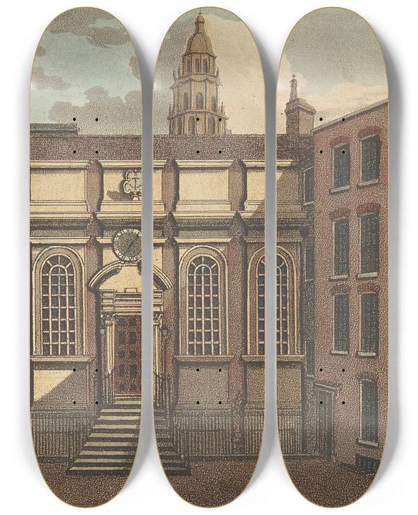 Triptych art skateboard deck of Samuel Ireland Clements Inn_1 by Samuel Ireland (1744-1800)