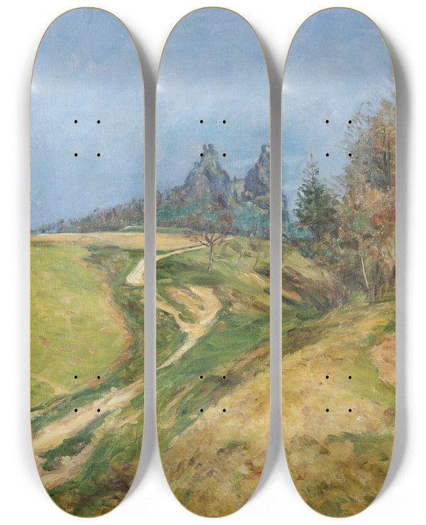 Triptych art skateboard deck of Frantiek Kavn Spring Beneath Trosky by Frantisek Kavan (1866-1841)