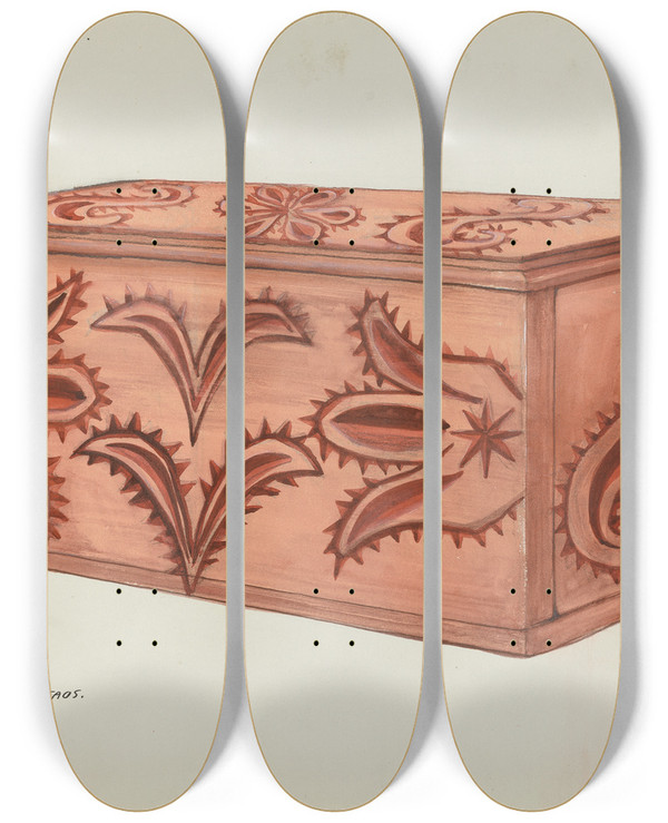 Triptych art skateboard deck of Majel G Claflin Box by Majel G Claflin (1893-1941)