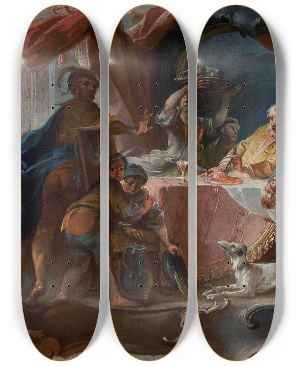 Triptych art skateboard deck of Johann Wolfgang Baumgartner The Prodigal Son Wasting His Inheritance by Johann Wolfgang Baumgartner (1712-1761)