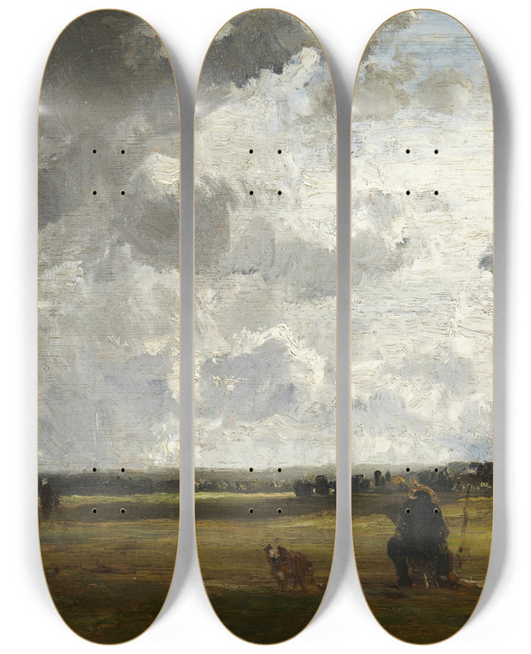 Triptych art skateboard deck of Constant Troyon Landscape With Painter At Easel by Constant Troyon (1810-1865)
