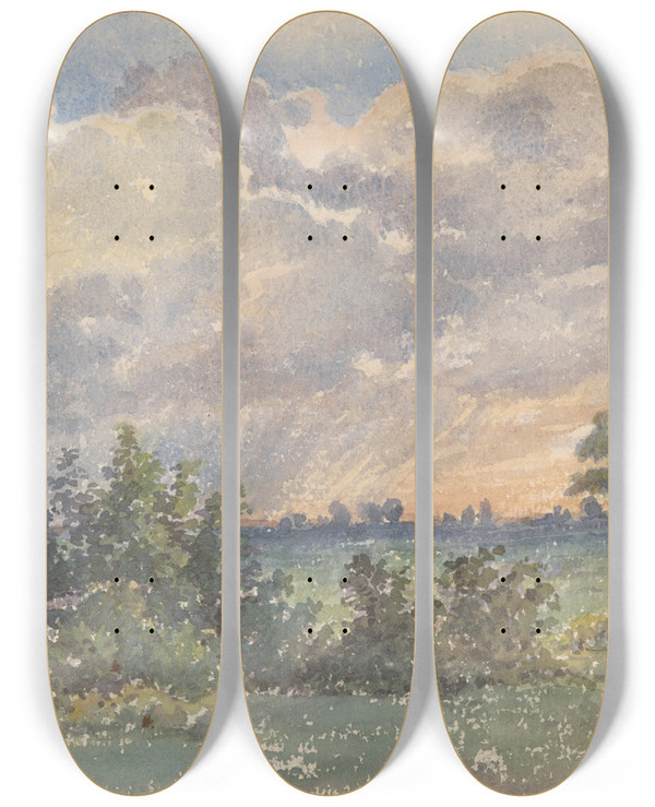 Triptych art skateboard deck of Friedrich Carl Von Scheidlin Landscape During Sunset by Friedrich Carl Von Scheidlin (1822-1913)