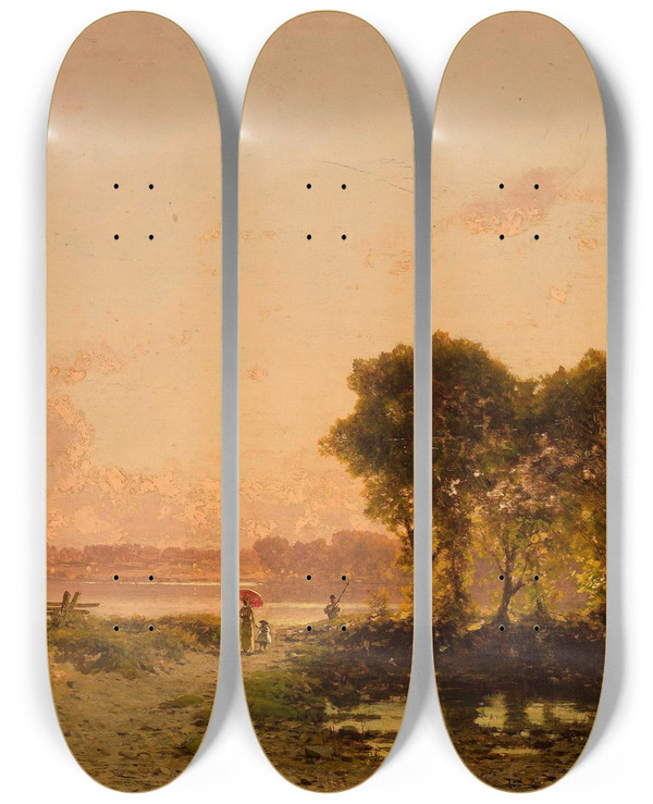Triptych art skateboard deck of Aleksander Swieszewski Landscape With A Riverat Sunset by Aleksander Swieszewski (1839-1895)