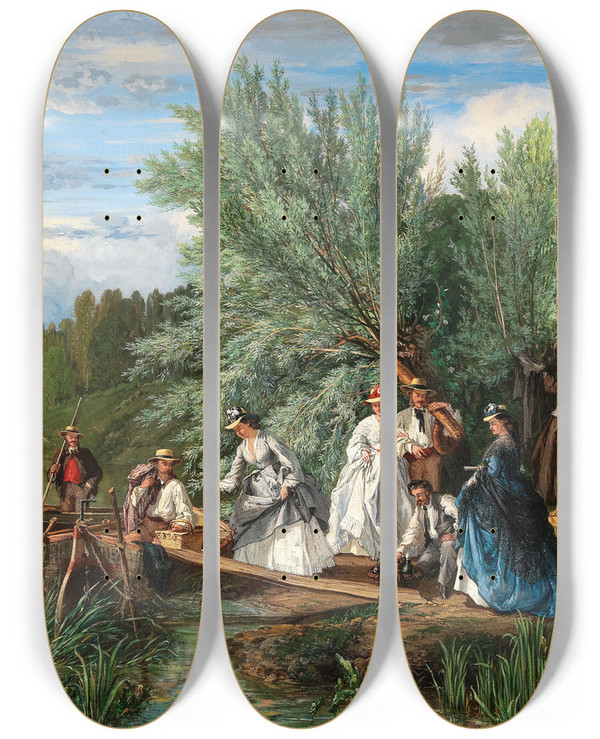Triptych art skateboard deck of Alexandre Ren Veron A Picnic By The River by Alexandre Rene Veron (1826-1897)