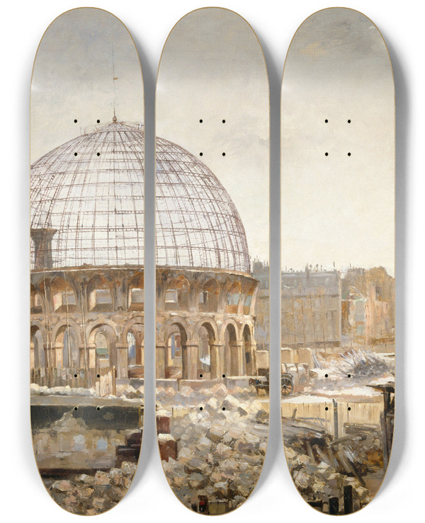 Triptych art skateboard deck of Henri Ferdinand Bellan La Dmolition De La Halle Au Bl by Henri Ferdinand Bellan (1870-1922)