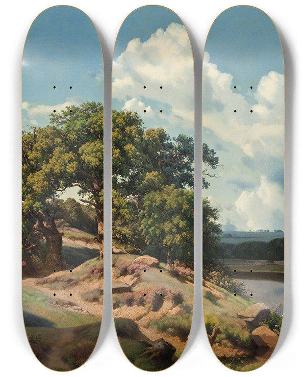 Triptych art skateboard deck of Heinrich Buntzen Danish Landscape by Heinrich Buntzen (1803-1892)