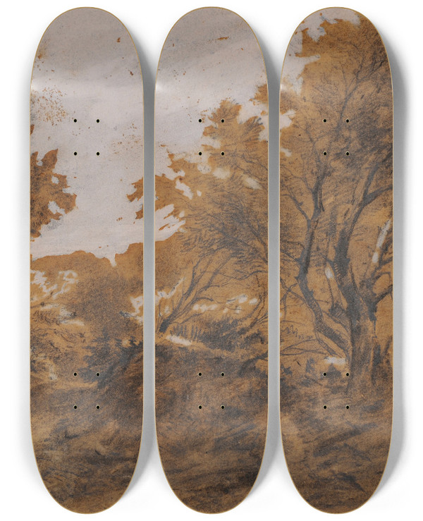 Triptych art skateboard deck of Thodore Rousseau Paysage Bois Coup De Vent by Theodore Rousseau (1812-1867)