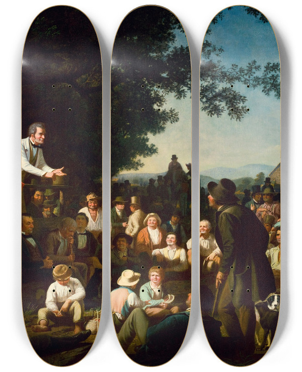Triptych art skateboard deck of George Caleb Bingham Stump Speaking by George Caleb Bingham (1811-1879)