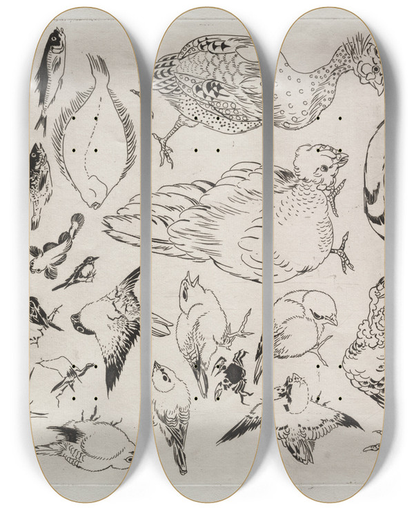 Triptych art skateboard deck of Flix Bracquemond Dinner Service Rousseau Service Ducks Fish Etc No 12 by Felix Bracquemond (1833-1914)