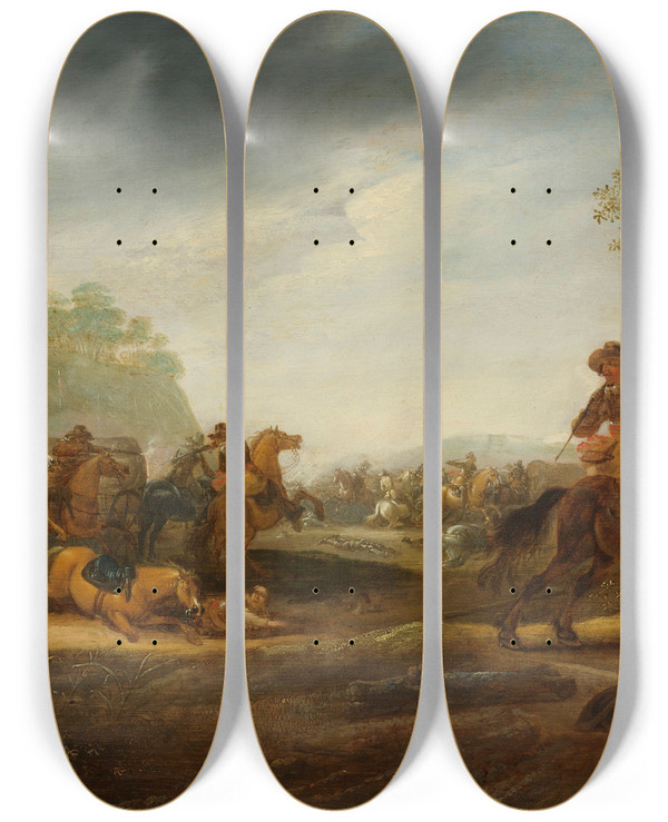 Triptych art skateboard deck of A Van Hoef Cavalry Skirmish by A Van Hoef (17-)