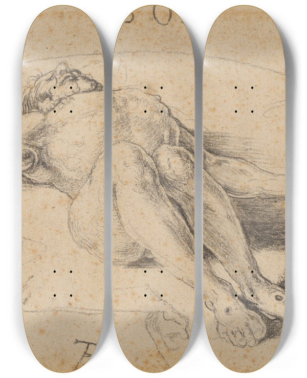 Triptych art skateboard deck of Albrecht Drer The Dead Christ by Albrecht Durer (1471-1528)